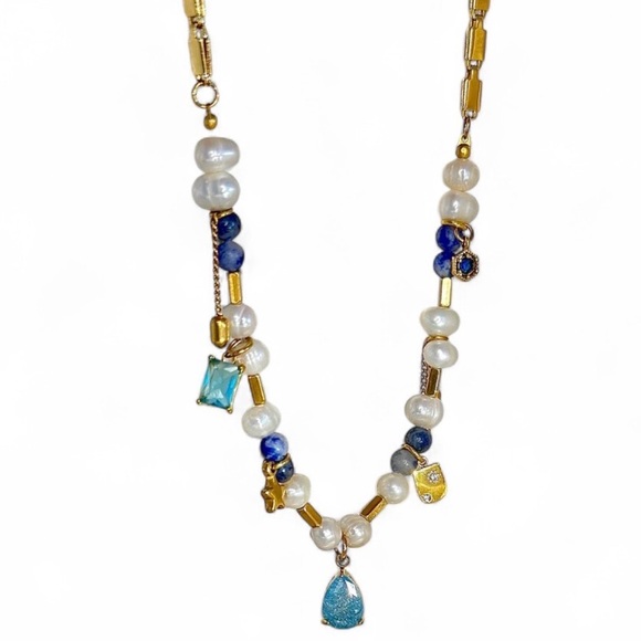 Coastal Charm Necklace – Pearls, Blue Gems & Gold - Picture 2 of 5